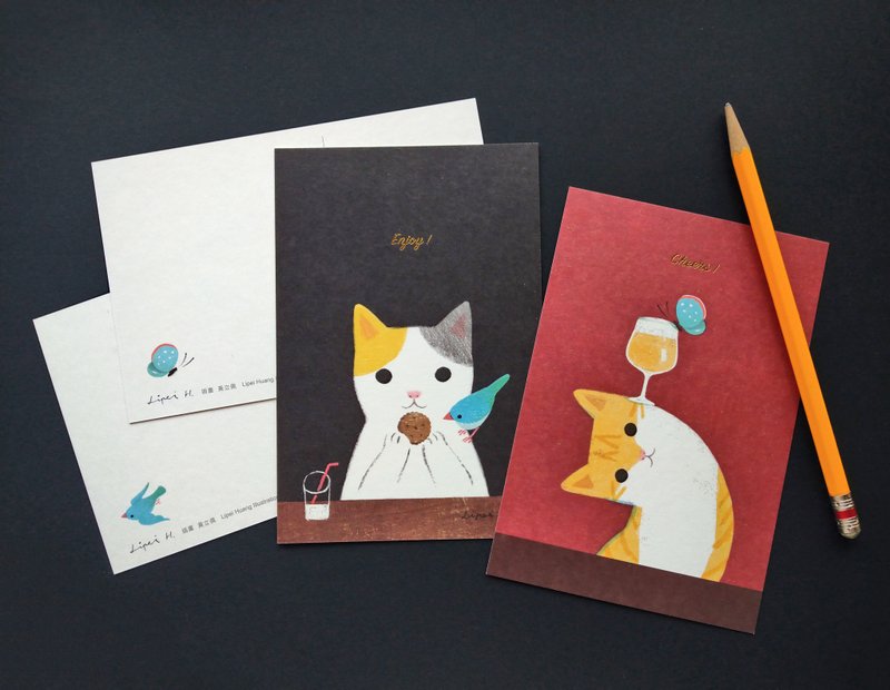 Enjoy & Cheers 饼干猫X啤酒猫明信片组 - 卡片/明信片 - 纸 红色