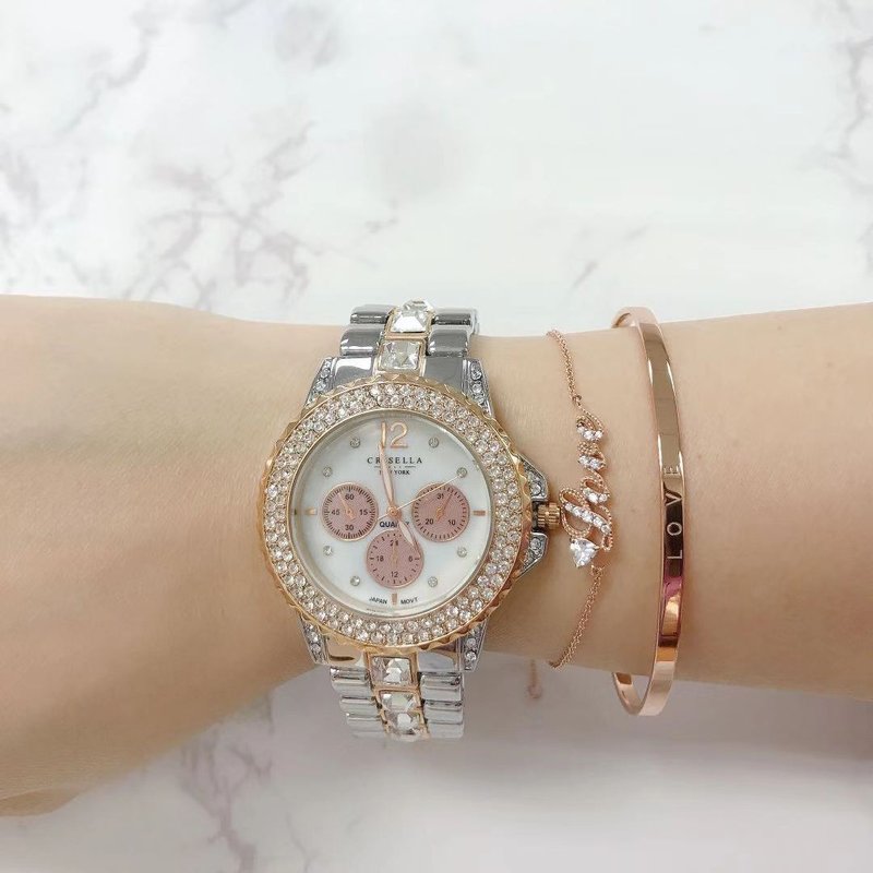 优雅闪烁锆石金属石英女手表配手链手镯套装 - 女表 - 其他金属 多色