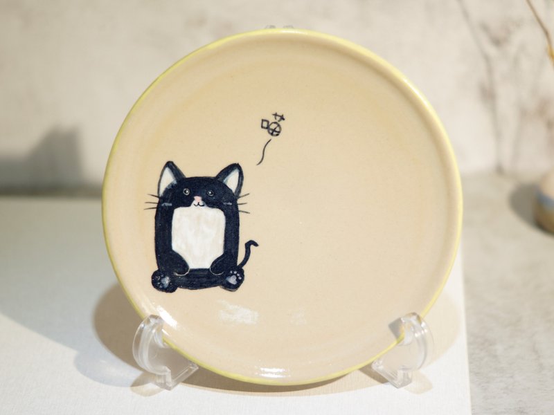 黑猫手绘陶盘,餐盘,菜盘,水果盘,点心盘-直径约15.4厘米 - 盘子/餐盘/盘架 - 陶 多色
