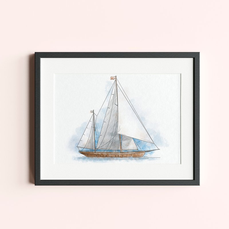 Sailing Vessel Wall Print, Sailing Ship Watercolor sketch Drawing, Sail Boat Art - 电子手绘真人画像/绘画/插画 - 其他材质 黑色