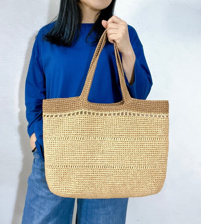 镶边拉菲草编织袋 卡其白镶边驼色-订做款+内袋+手把加宽 - 手提包/手提袋 - 环保材料 