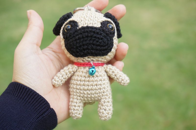 pug dog crochet doll  key ring key chain bag charm - 钥匙链/钥匙包 - 棉．麻 咖啡色