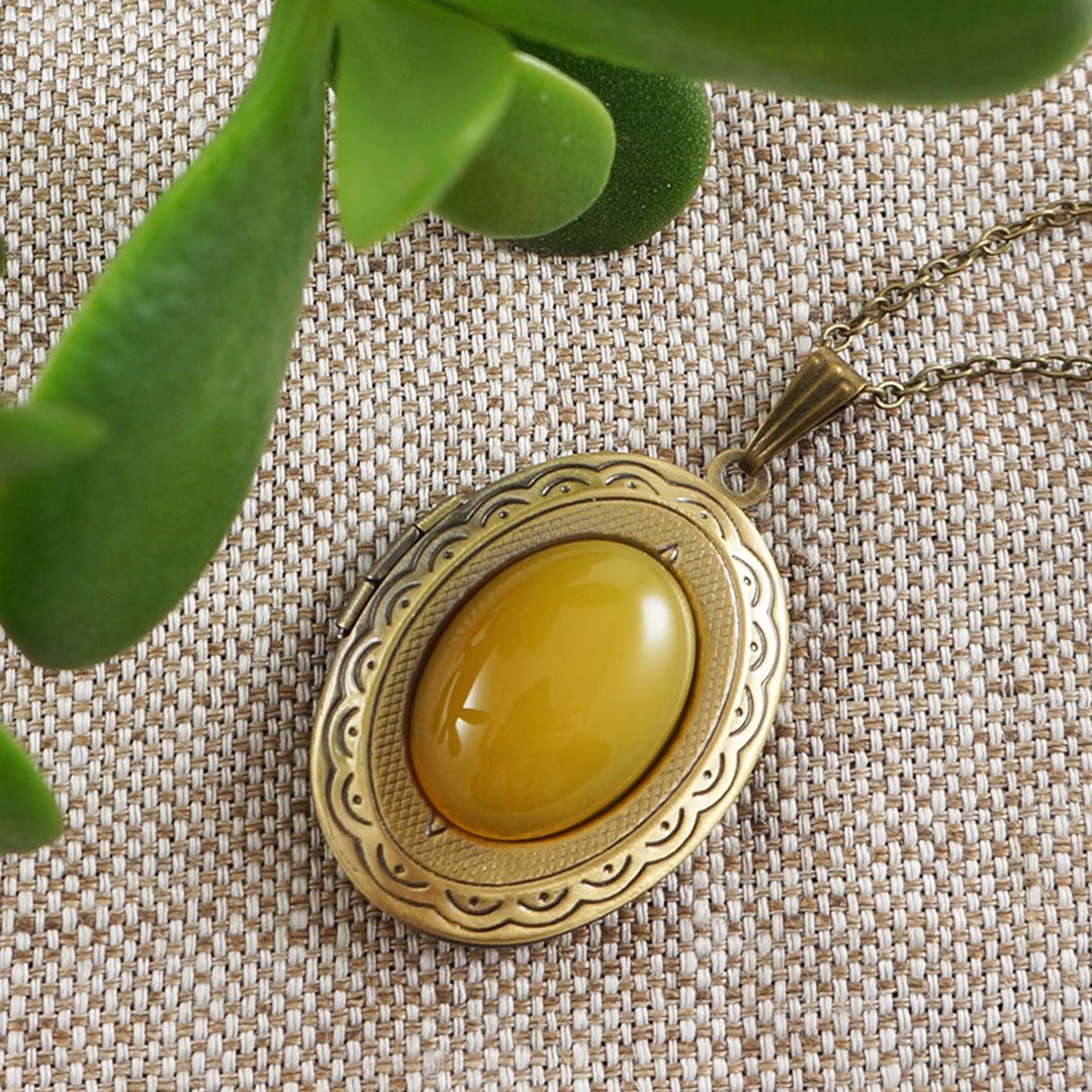 Honey Yellow Agate Bronze Oval Photo Locket Pendant Necklace Woman Jewelry Gift - 项链 - 半宝石 黄色