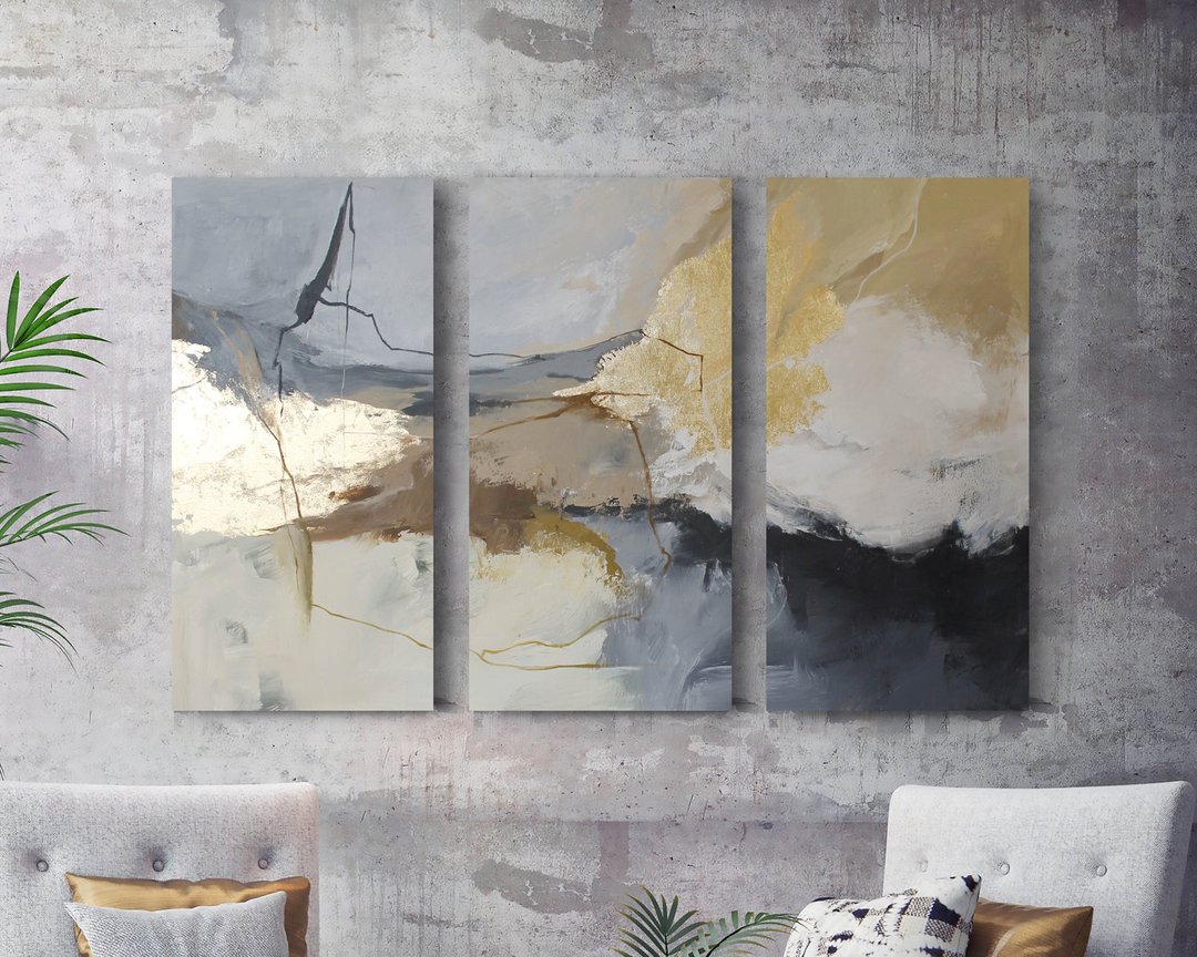 灰色画 | 三联画 灰色抽象 | 灰色抽象画 |沙漠三联画 - 墙贴/壁贴 - 棉 灰色
