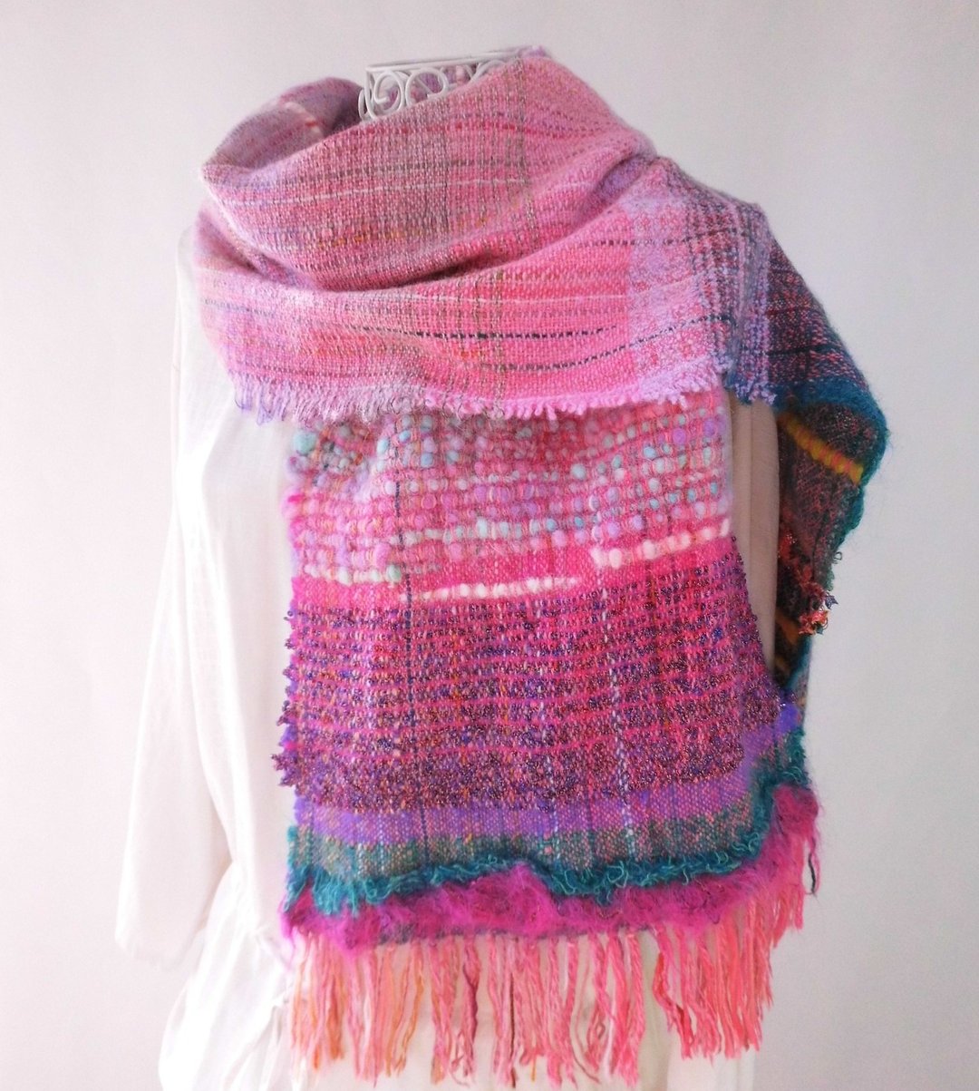 Hand-woven (Christmas Carol _ 2) Merino wool, cashmere, long stall - 围巾/披肩 - 羊毛 粉红色