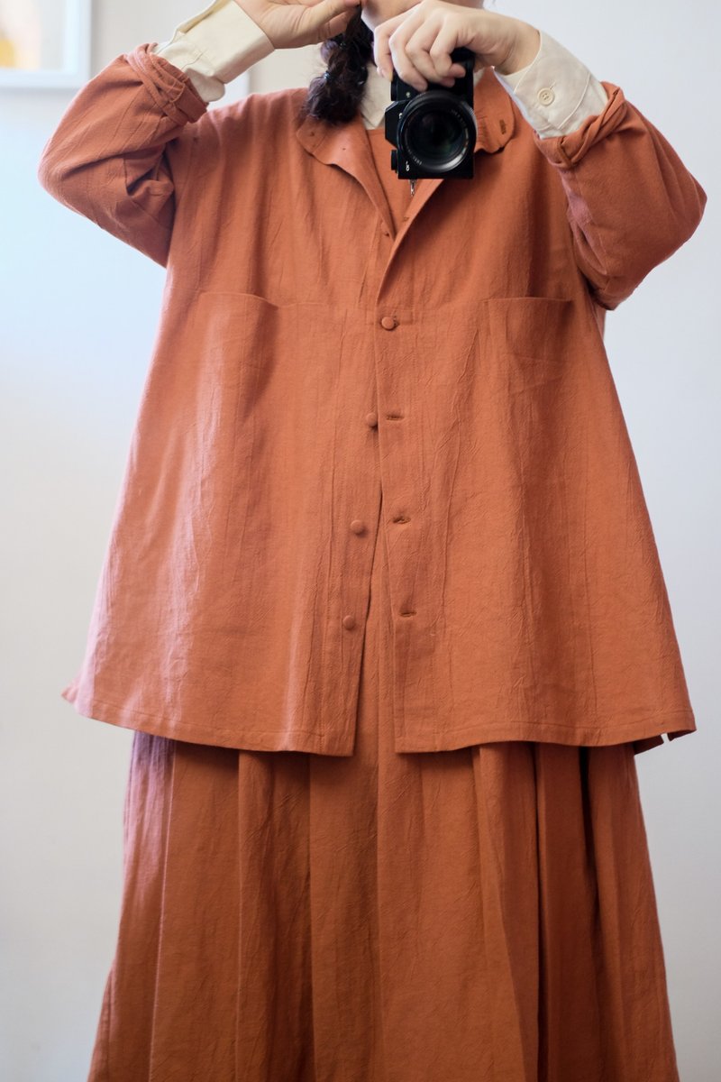 自然肌理鲑鱼柑橘红 宽版长衬衫 - 女装上衣 - 棉 红色