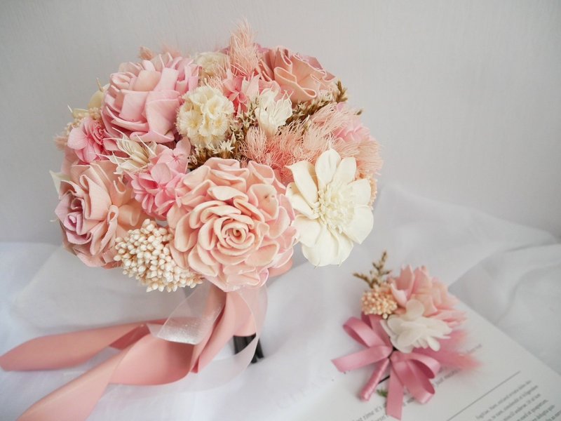 圆形干燥花分束捧花【纯白粉恋】粉色捧花/分享捧花 - 干燥花/捧花 - 植物．花 粉红色