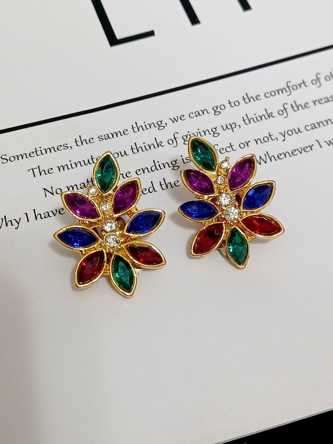 vintage jewelry  古董多彩莱茵夹式耳环 璀璨 - 耳环/耳夹 - 其他金属 