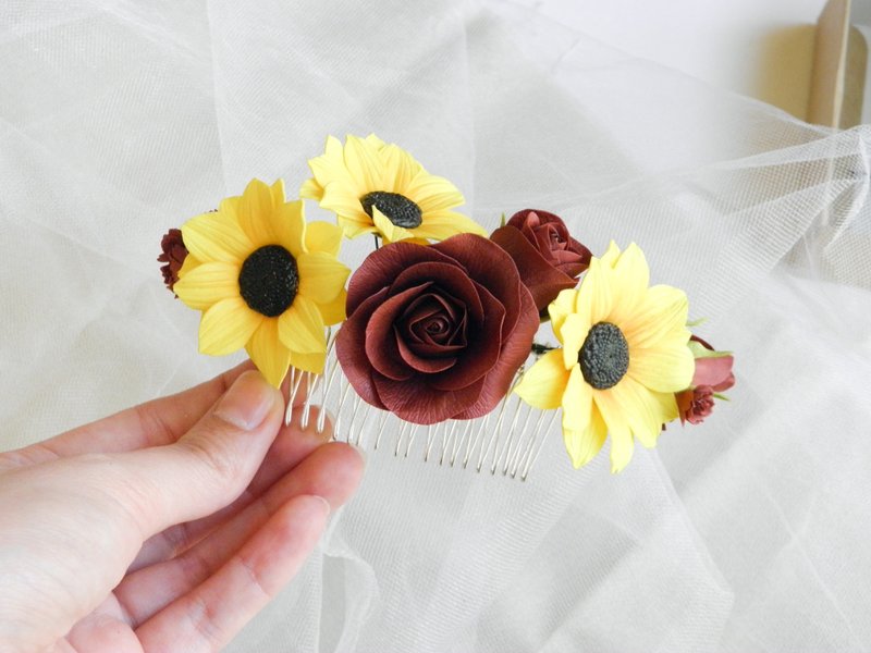 Sunflower wedding hair piece Burgundy roses yellow flowers hair comb - 发饰 - 其他材质 红色