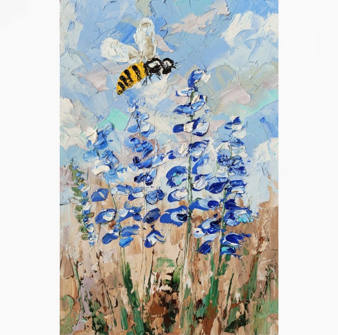 Flowers Painting Honey Bee Original Art Meadow Artwork Floral Art Oil Impasto - 海报/装饰画/版画 - 其他材质 蓝色