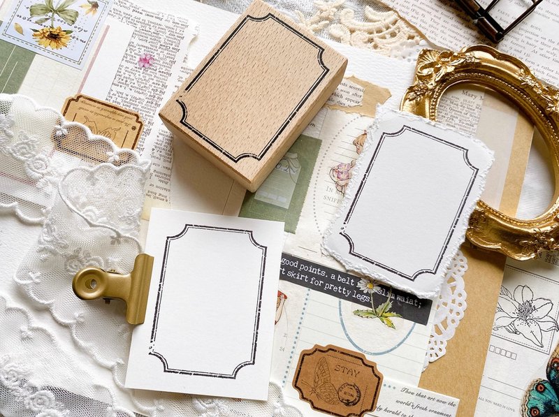 都可以搭3號 中古邊框 木質手帳印章 - 印章/印台 - 其他材质 卡其色