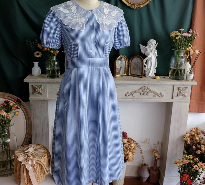 【手工制作】法式复古 郁金香领收腰直筒洋装/连衣裙 - 洋装/连衣裙 - 棉．麻 蓝色