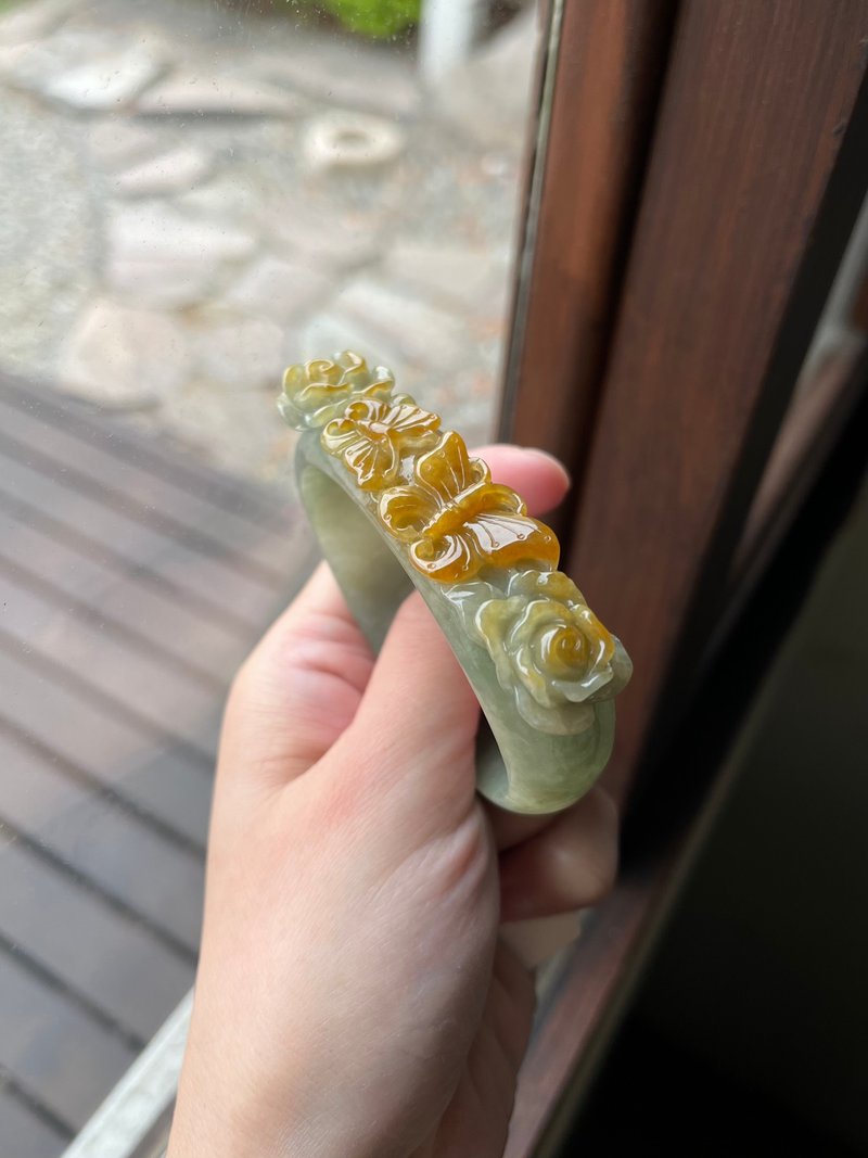 I 庄周 I 糯化种蜜糖黄翡雕花手镯 缅甸玉A货 - 手链/手环 - 玉石 黄色
