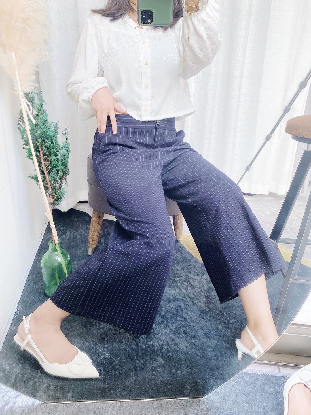 深海蓝直线细条纹俏皮女孩 古着棉料薄料长裤宽裤pants vintage - 女装长裤 - 棉．麻 蓝色