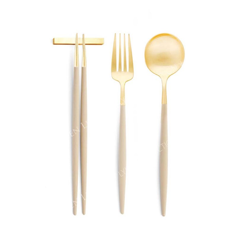 葡萄牙 Cutipol  GOA  奶茶金 中餐三件组(叉匙+筷组) - 餐刀/叉/匙组合 - 不锈钢 卡其色