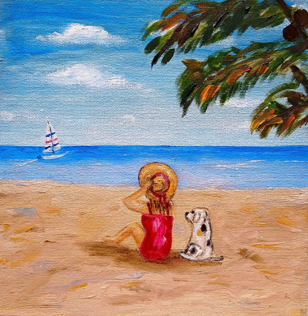 女孩与狗海边艺术的海边海滩度假原始油画 - 墙贴/壁贴 - 其他材质 多色