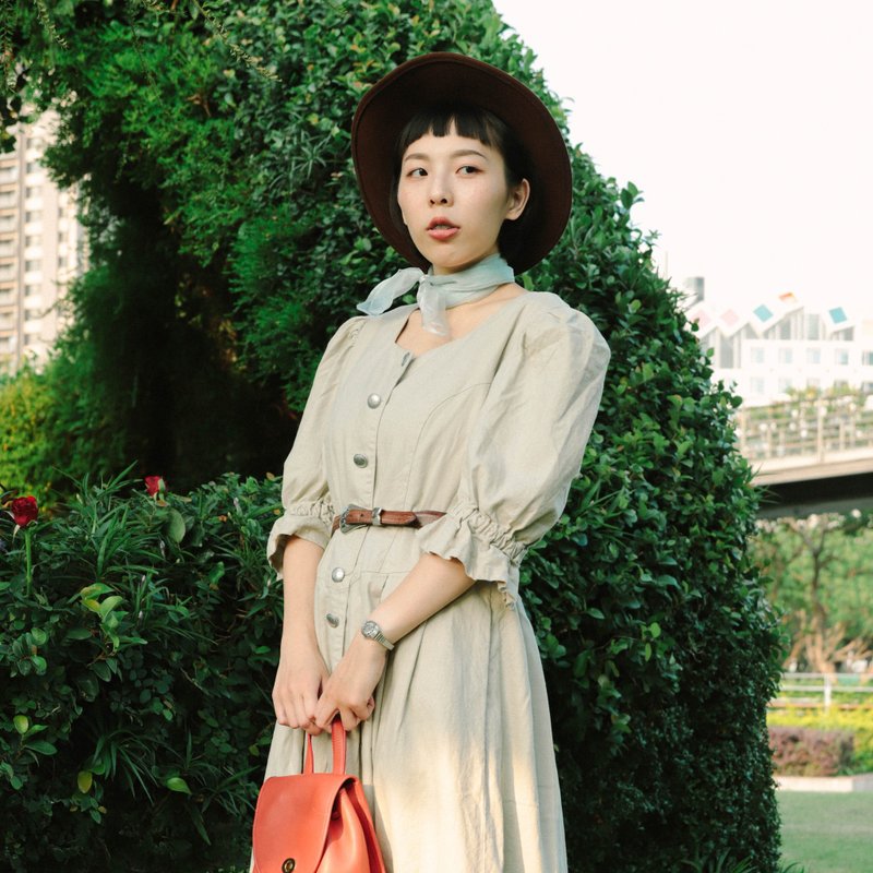 巴伐利亚洋装029,杏色 五分袖 连身裙【Tsubasa.Y古着屋】 - 洋装/连衣裙 - 棉．麻 白色