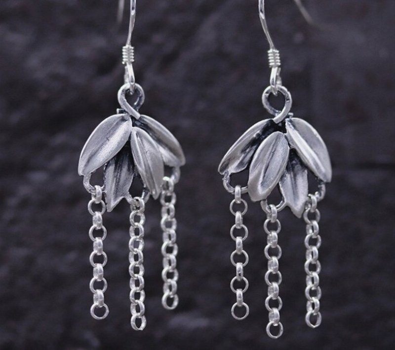 Real S925 Sterling Silver Women Handmade Carved Bamboo Leaves Earrings Ethnic - 耳环/耳夹 - 纯银 银色