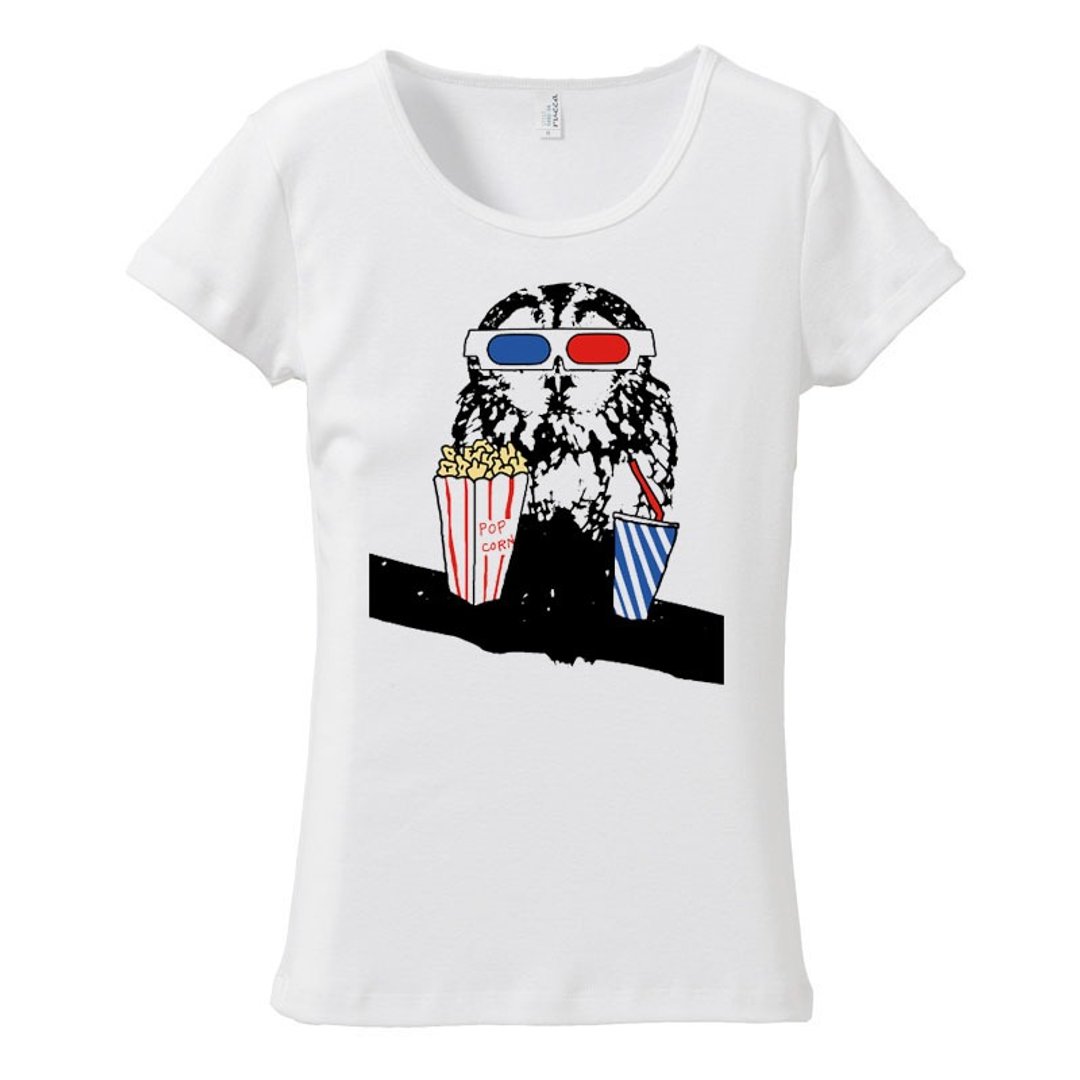 [Women's T-shirt] Movie watch owl - 女装 T 恤 - 棉．麻 白色