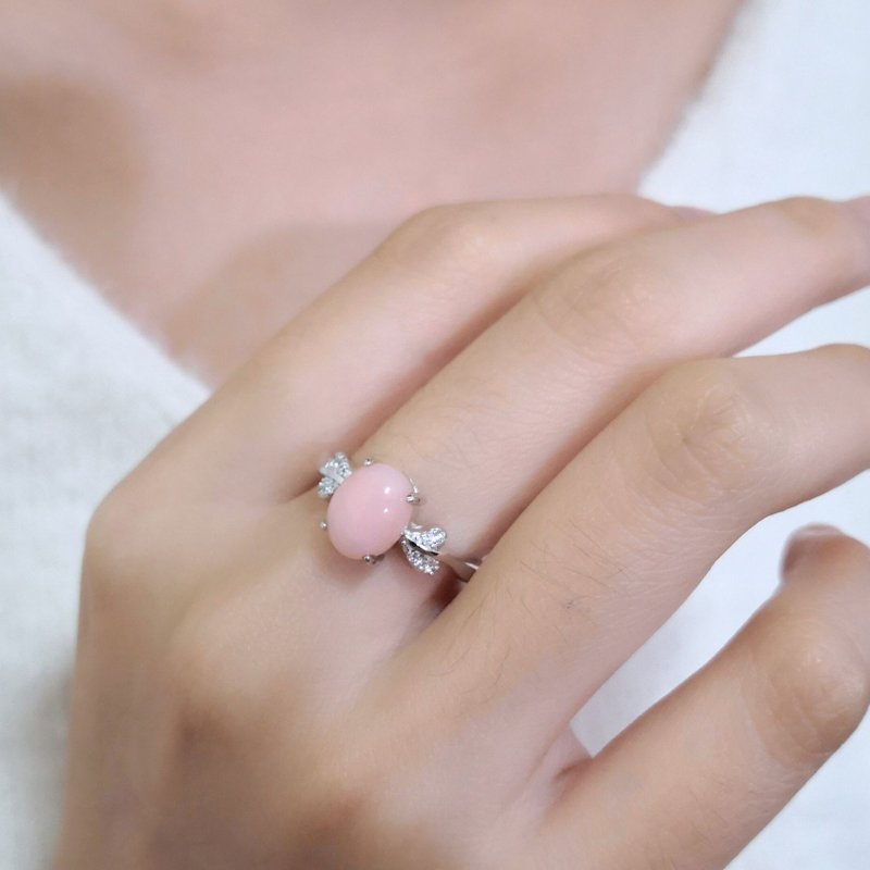 天使的肌肤 天然粉红蛋白石 稀有天然石 柔美粉红色光泽 纯银戒 - 戒指 - 纯银 粉红色