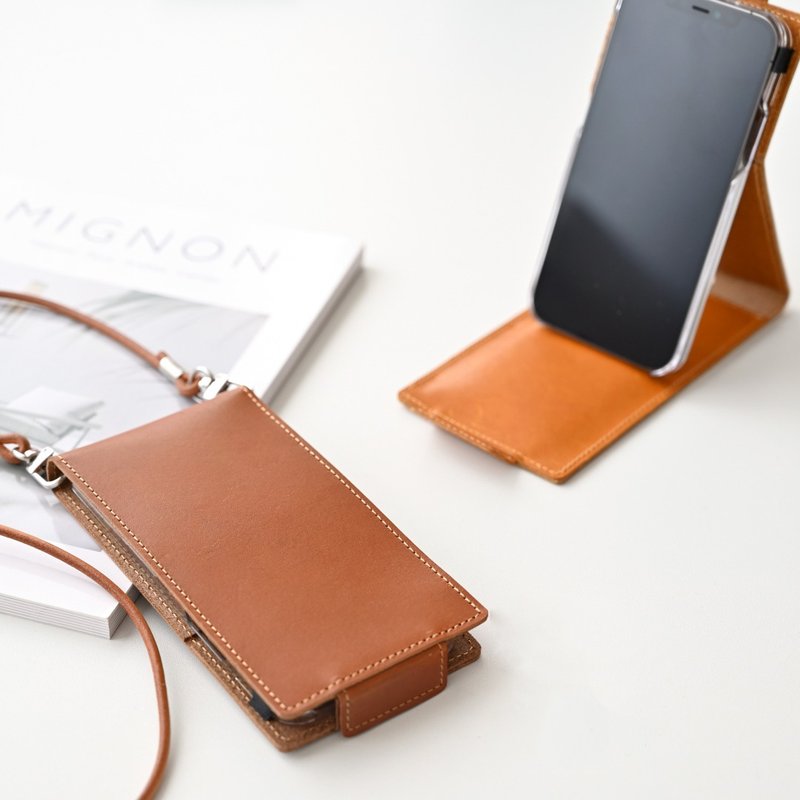 iPhone 限量智慧型手机保护壳带支架垂直开口 [油皮革] 智慧型手机肩带真皮栃木皮革智慧型手机支架垂直视频笔记型男式 AC04M - 手机壳/手机套 - 真皮 咖啡色