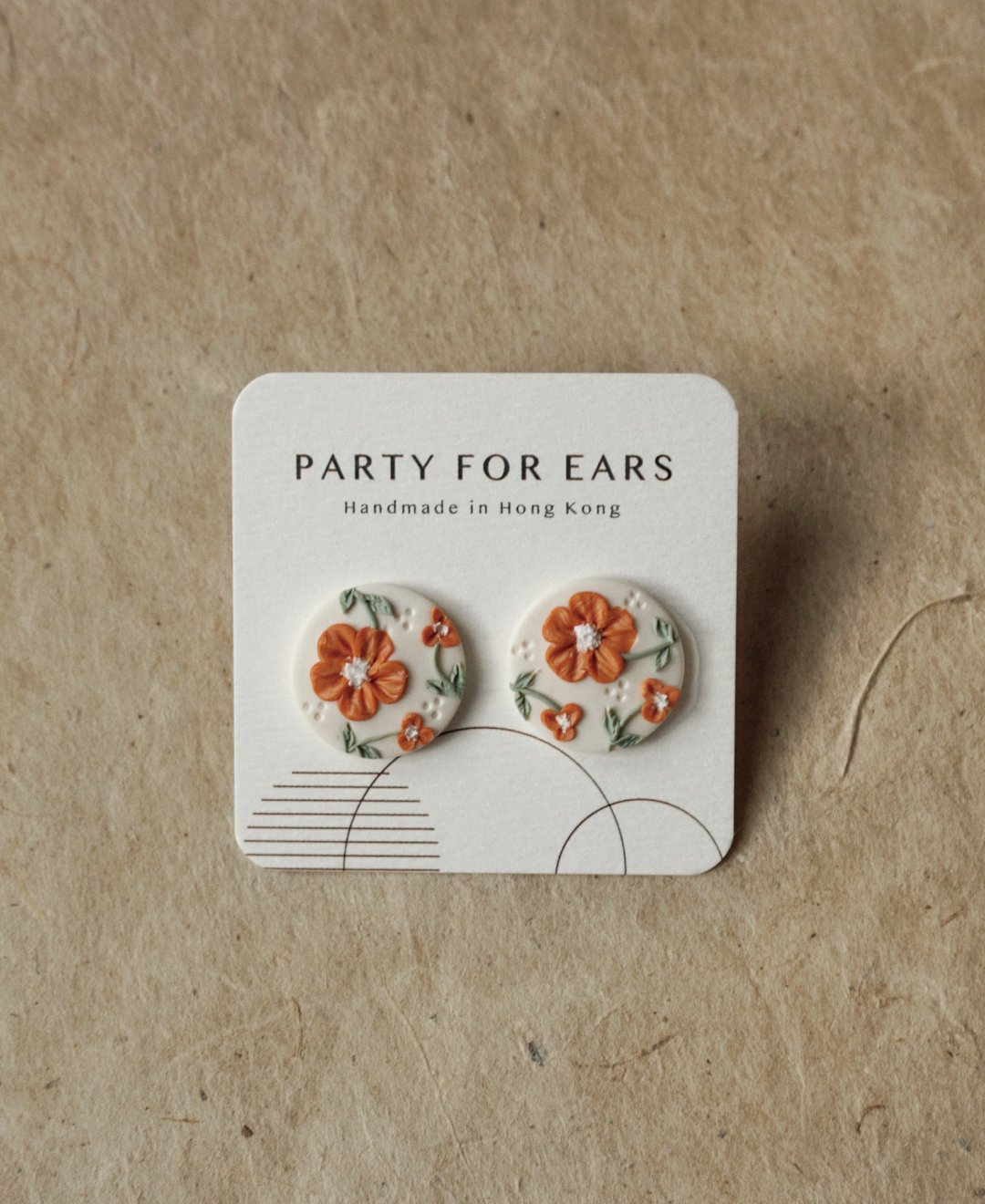 PARTY FOR EARS | 简约柑橘花儿 大圆软陶耳环 S925纯银耳针耳夹 - 耳环/耳夹 - 陶 橘色