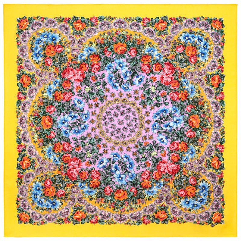 原创 Pavlovo Posad 俄罗斯披肩 100% 羊毛 羊毛围巾 125x125 厘米 2037-2 N - 丝巾 - 羊毛 黄色