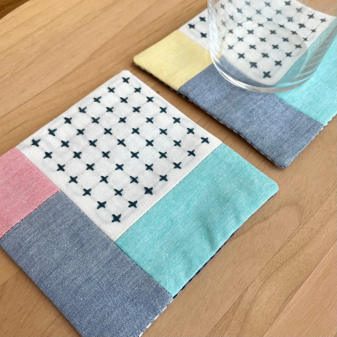 2 件组 Sashiko 杯垫流行十字图案刺绣拼布礼物圣诞节多彩咖啡馆杂布杯垫可水洗 - 杯垫 - 棉 蓝色