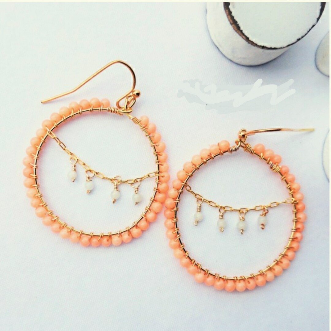 coral pink * chandelier wrapped pierce Mimiharishiki - 耳环/耳夹 - 宝石 粉红色