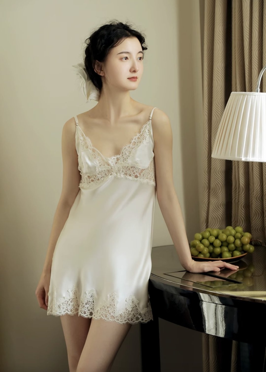 法式复古 桑蚕丝性感睡裙 蕾丝连身裙 - 居家服/睡衣 - 丝．绢 白色