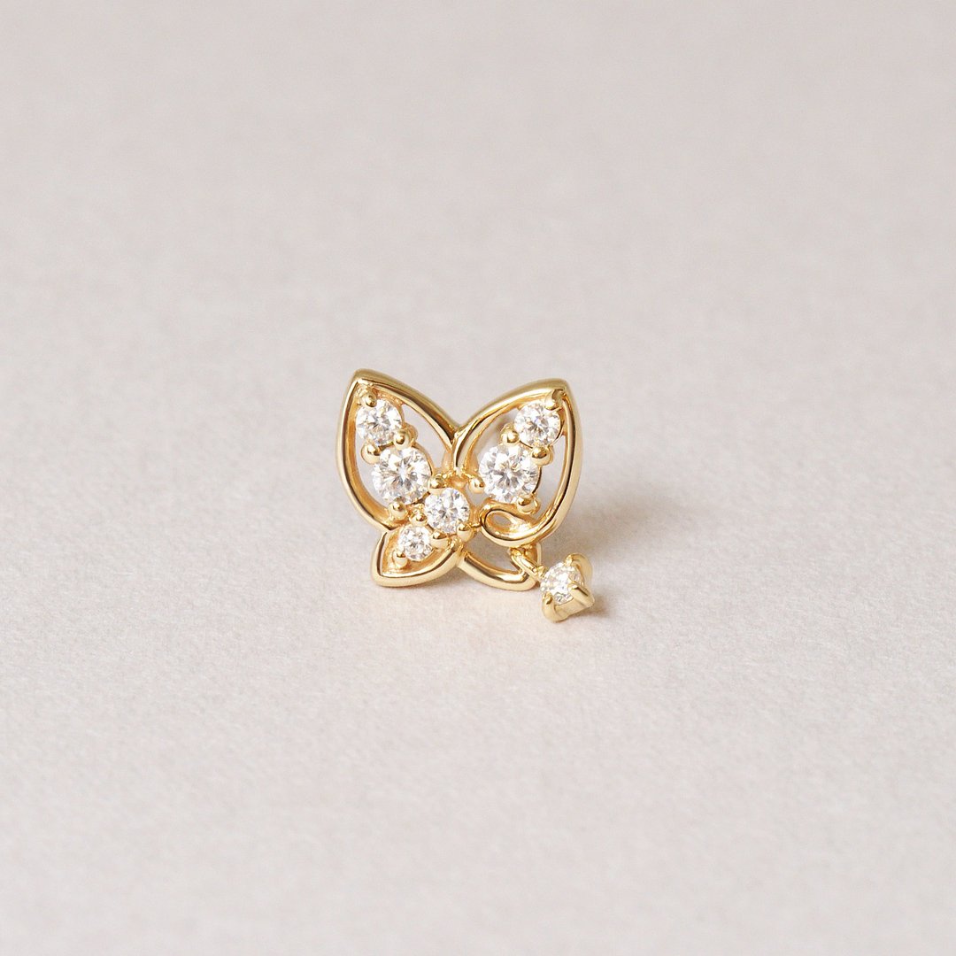 【Solo Earring】 18K/10K 莫桑石蝴蝶单边耳环 (黄金) - 耳环/耳夹 - 贵金属 