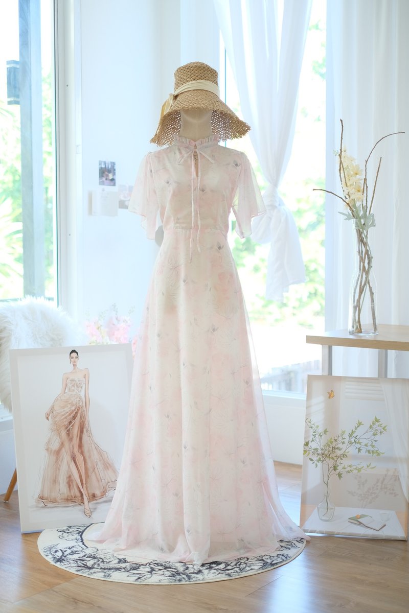 复古碎花洋装 粉色 雪纺材质 - 洋装/连衣裙 - 聚酯纤维 粉红色