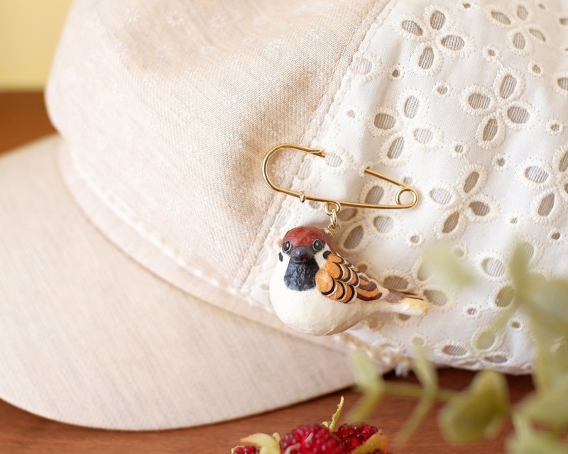 和纸饰品 胸针 麻雀 雀 野鸟 鸟类 - 胸针 - 其他材质 咖啡色