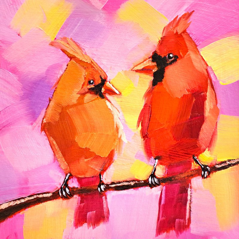 红衣主教绘画鸟类原创艺术动物油画红衣主教情侣艺术 - 海报/装饰画/版画 - 其他材质 多色