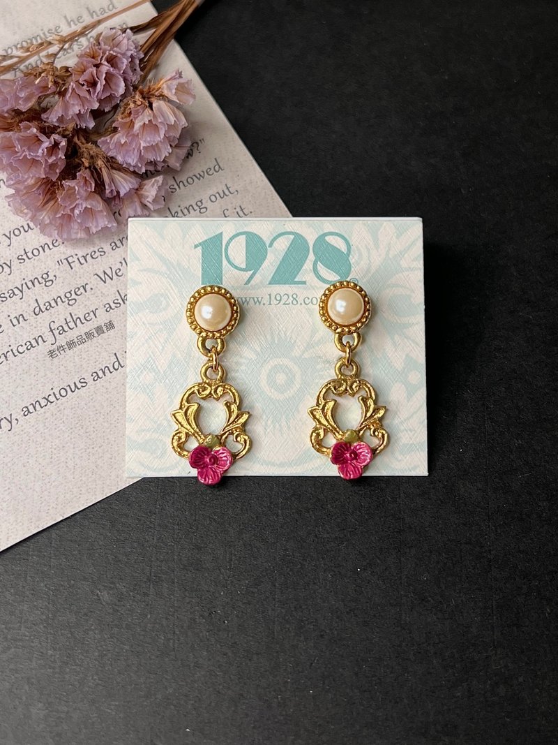 1928 维多利亚浪漫垂坠珍珠雕花耳针(库存新品) - 耳环/耳夹 - 其他金属 金色