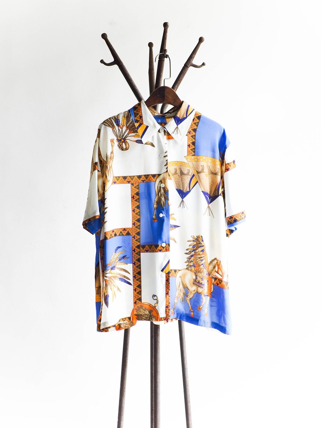 河水山 - 长野度假奔驰湖水蓝 古董丝质衬衫外套 shirt oversize vintage - 女装衬衫 - 丝．绢 蓝色