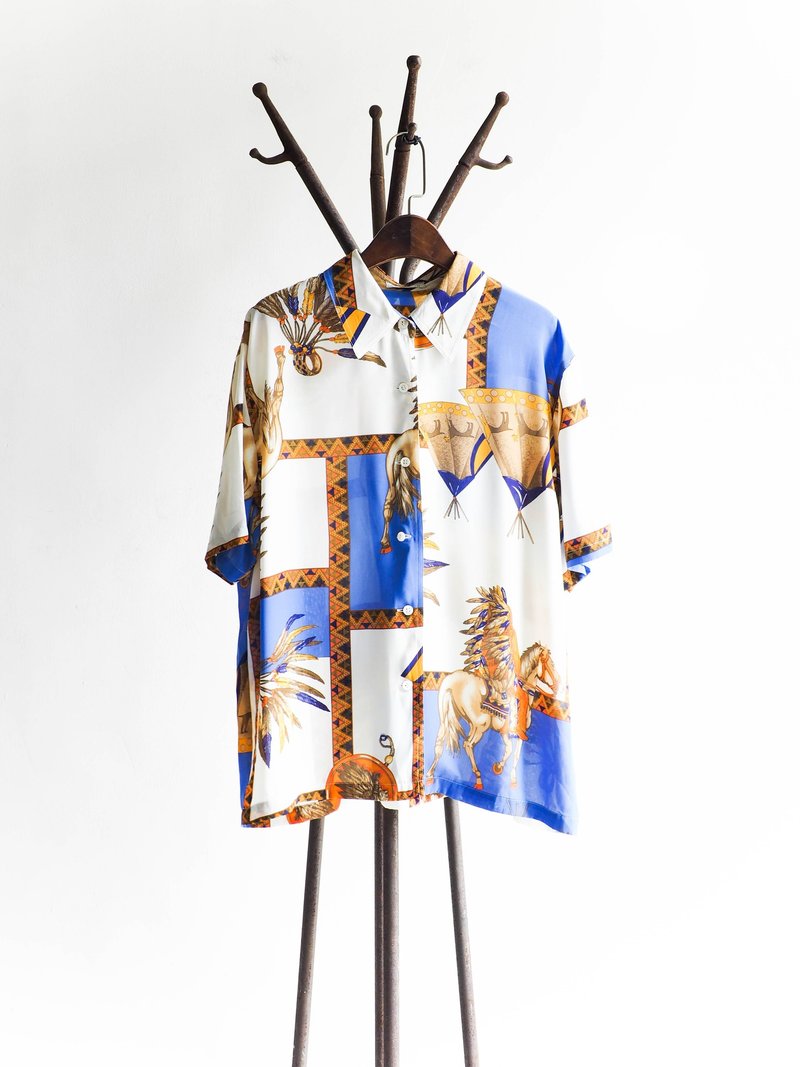 河水山 - 长野度假奔驰湖水蓝 古董丝质衬衫外套 shirt oversize vintage - 女装衬衫 - 丝．绢 蓝色