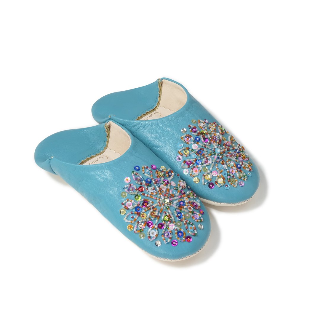 Blue / mix / moroccan Leather babouche Slippers / High quality odourless - 室内拖鞋 - 真皮 蓝色