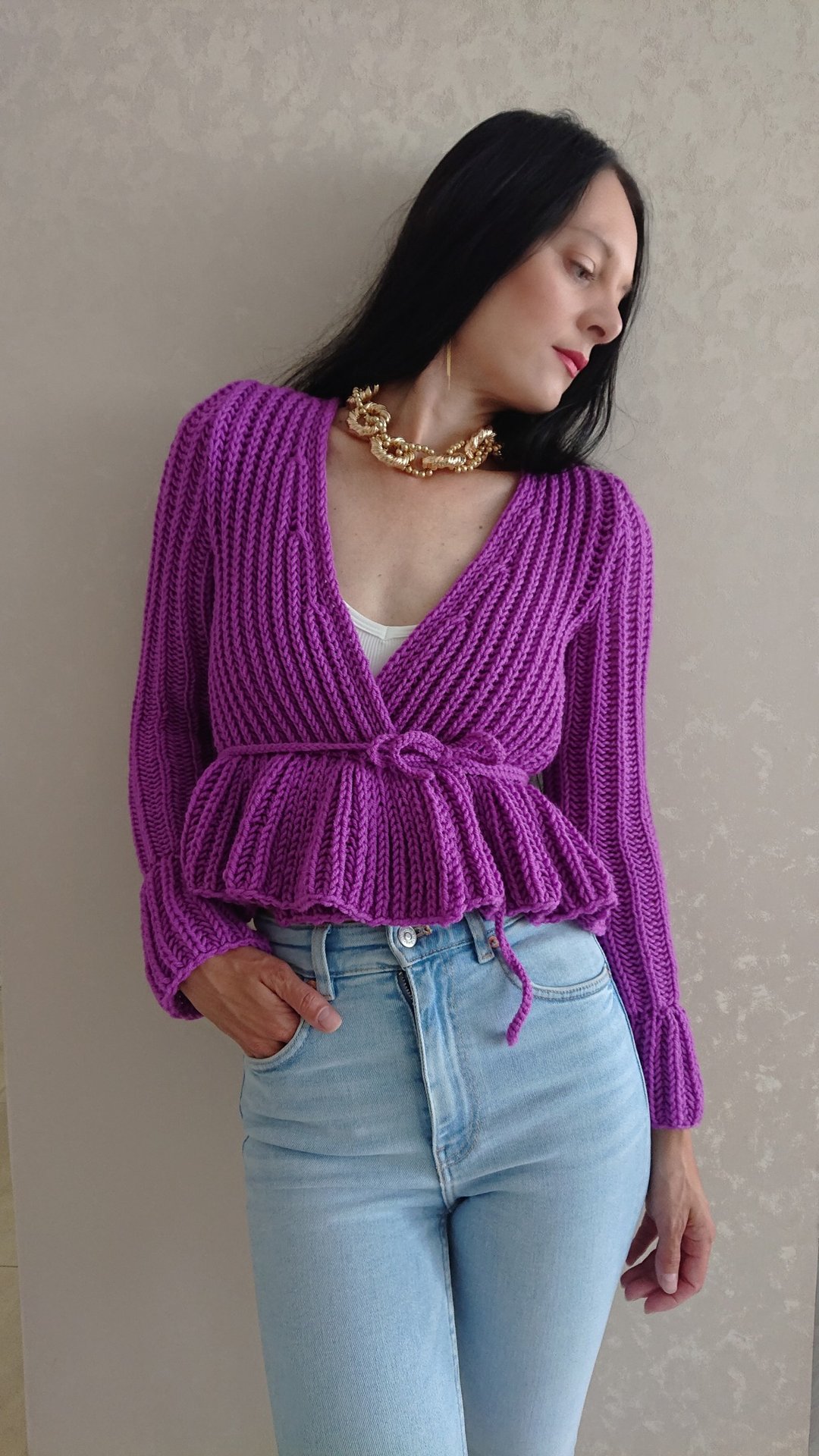 Peplum cardigan Wrap sweater V neck knitted sweater Crop blouse Red sweater - 女装针织衫/毛衣 - 羊毛 