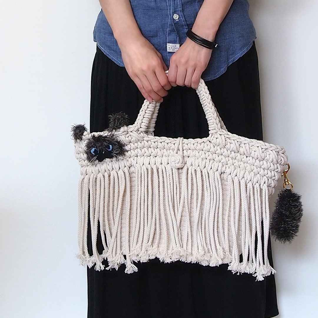 Himalayan motif macrame braided fringe type fringe bag (made to order) - 手提包/手提袋 - 棉 白色