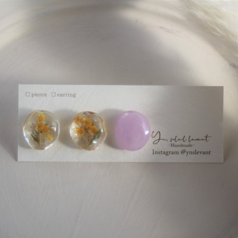 含羞草花耳环/耳环 3 件套 粉色 - 耳环/耳夹 - 树脂 粉红色