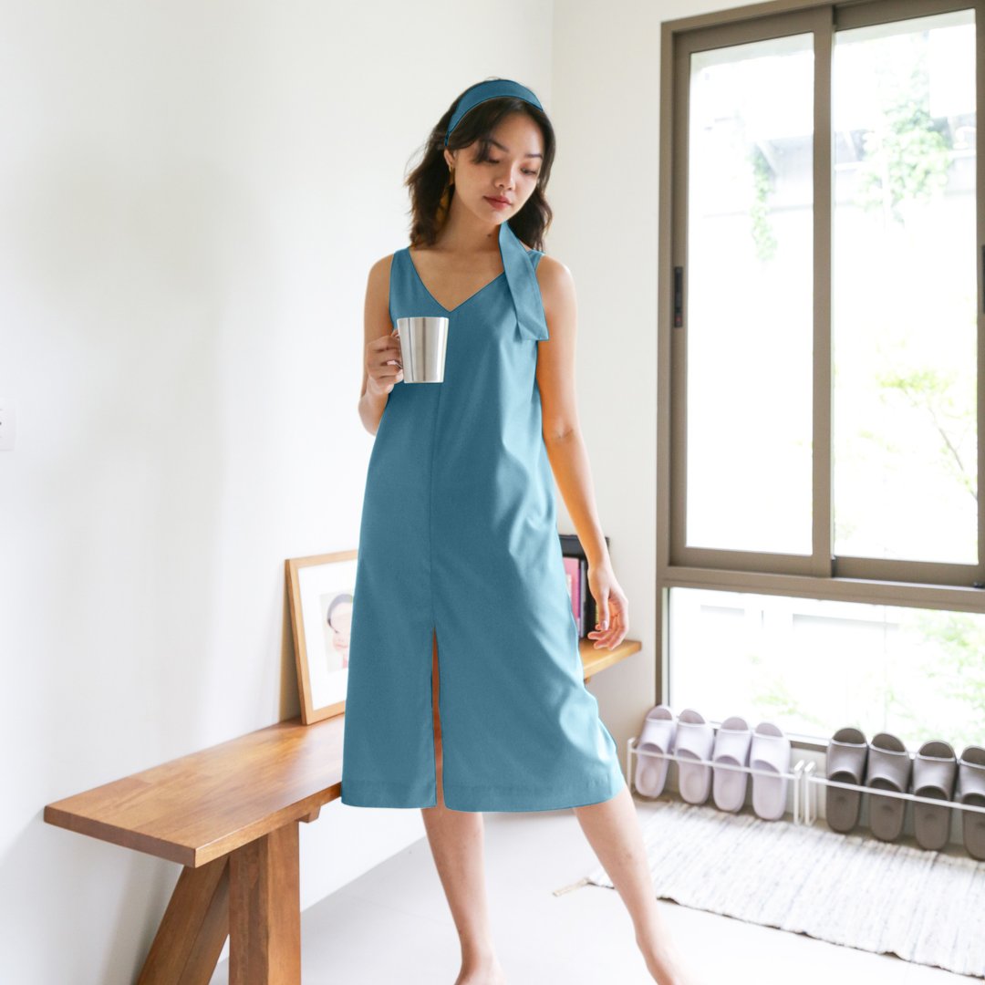身体无缝意大利丝绸衣裙: 蓝绿色,全身衬里 / 居家服 / 便服 - 洋装/连衣裙 - 聚酯纤维 蓝色