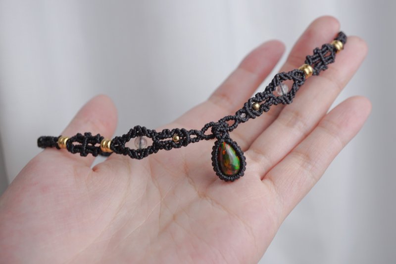 蛋白石 蜡线编织颈绳 颈圈 - 颈链 - 宝石 黑色