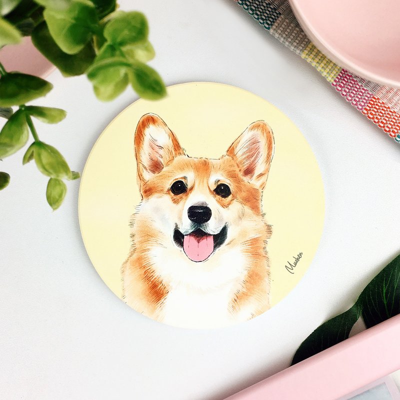 经典大脸柯基款-圆型陶瓷吸水杯垫/动物柴犬.圣诞礼物 - 杯垫 - 陶 黄色