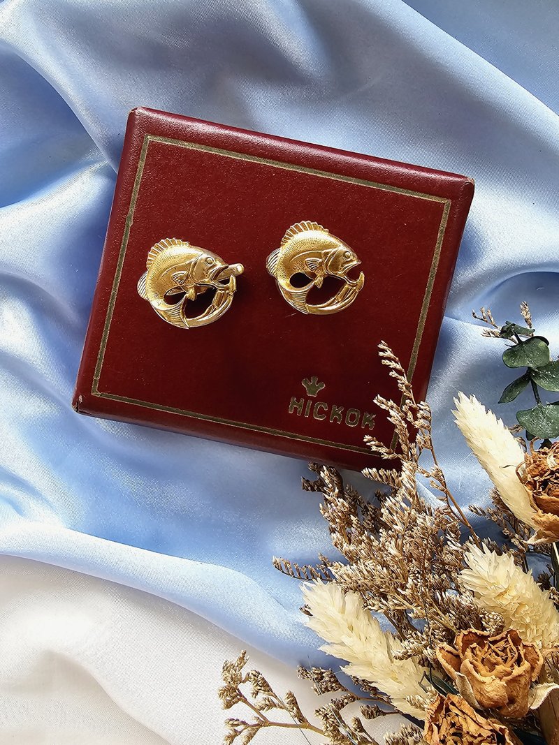 1938年Hickok金色飞鱼古董袖扣/男士珠宝/vintage西洋古董饰品 - 袖扣 - 其他金属 