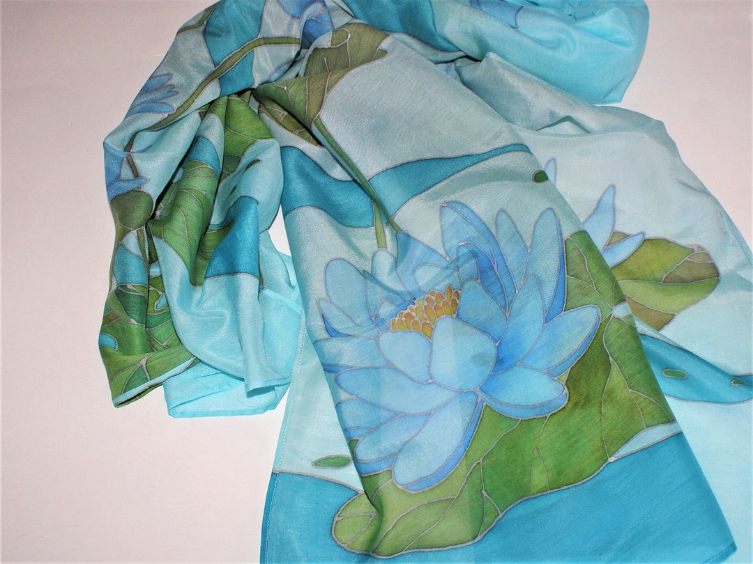 Hand painted scarf Lotus blossom shawl Silk cotton blend scarf Blue floral scarf - 丝巾 - 丝．绢 蓝色