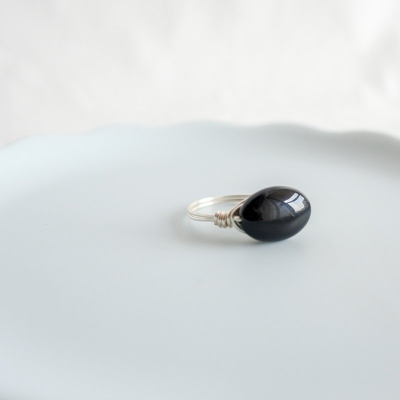 Onyx– Small Grain – Silver Ring – Natural Stone Ring - 戒指 - 其他金属 黑色