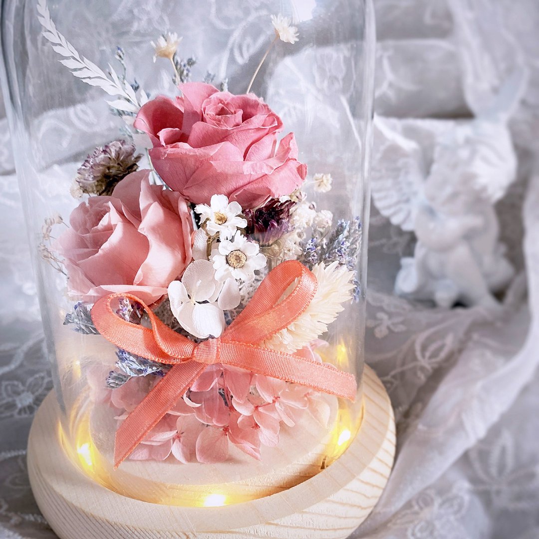材料包/成品 永生玫瑰玻璃花灯 粉恋天使 玻璃花盅 日本永生花 - 干燥花/捧花 - 植物．花 粉红色