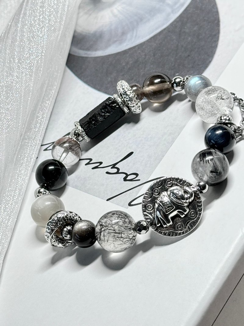 富豫双生水晶设计手链情侣款 - 医疗钢/黑碧玺原矿/金曜石爱心 - 手链/手环 - 水晶 黑色