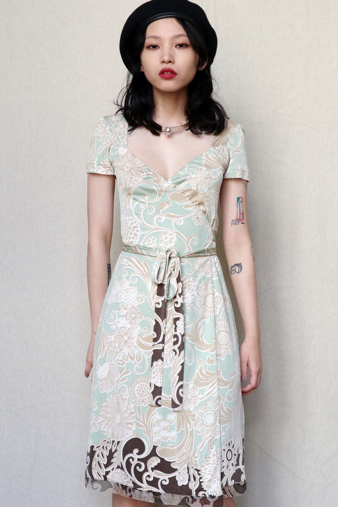 南瓜Vintage。Elie Tahari 淡绿色 印花 系带 丝质 短袖 洋装 - 洋装/连衣裙 - 丝．绢 绿色